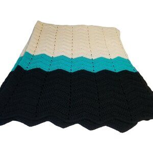 Vintage  Black White Blue‎ Chevron Afghan Blanket Throw Blanket Boho 58X64